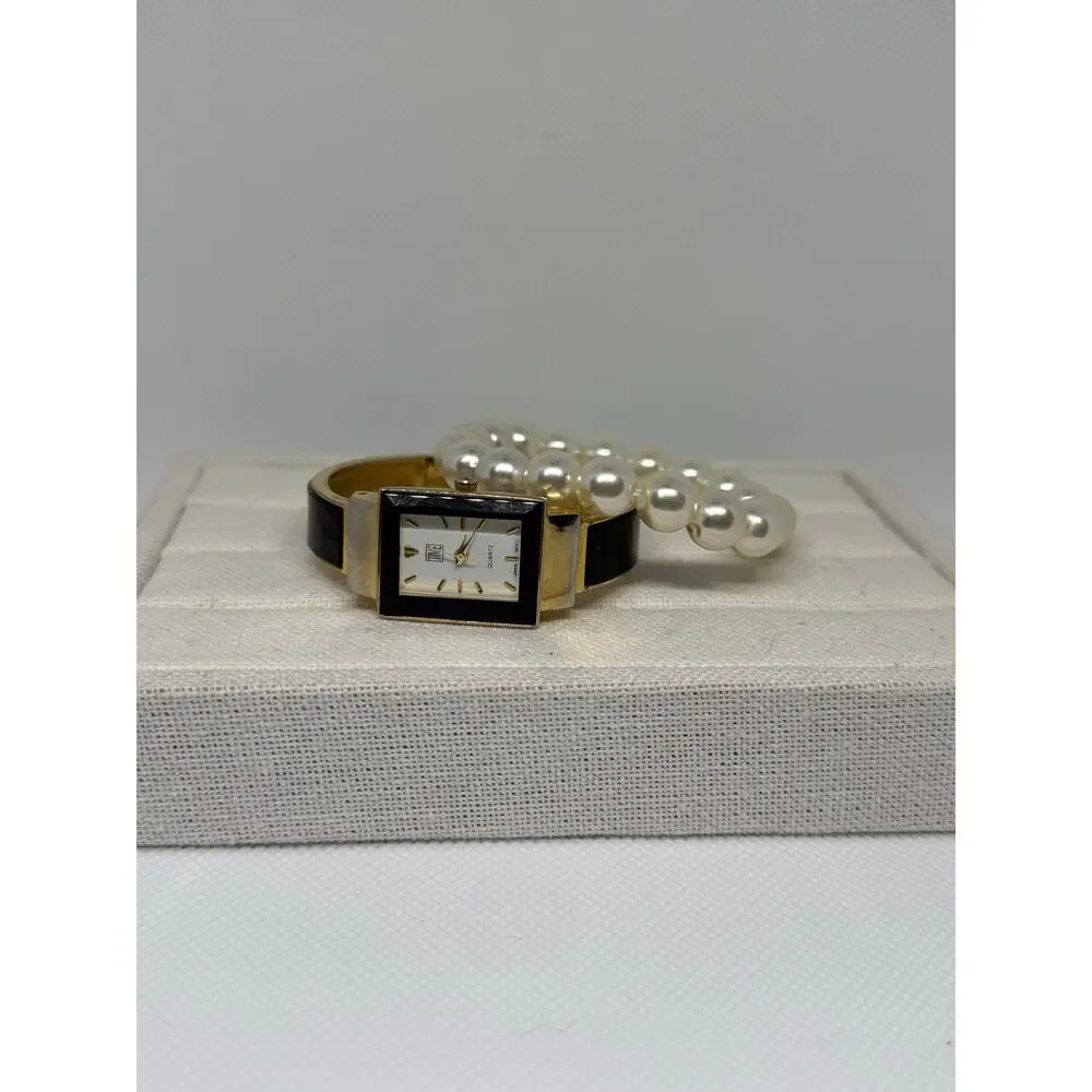 Vintage TIME Watch & Faux Pearl Bracelet Set Gold Cuff Quartz